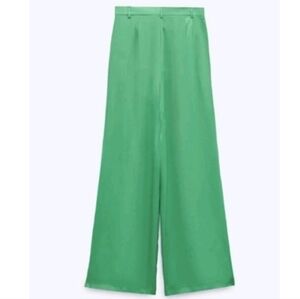 NWT Zara Green Satin Effect Wide Leg Pants